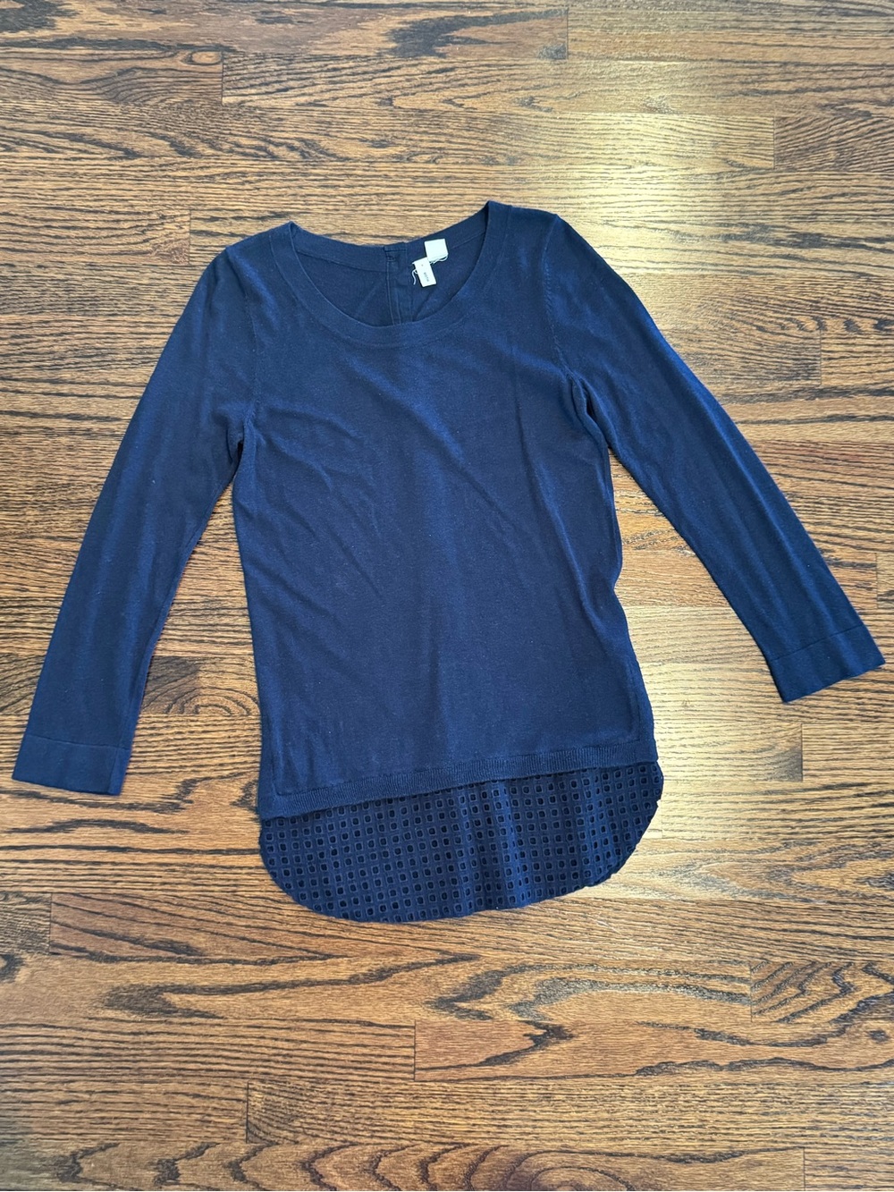 Women’s Moth Navy Long Sleeve Scoop Neck Top with Eyelet Curved Hem XS